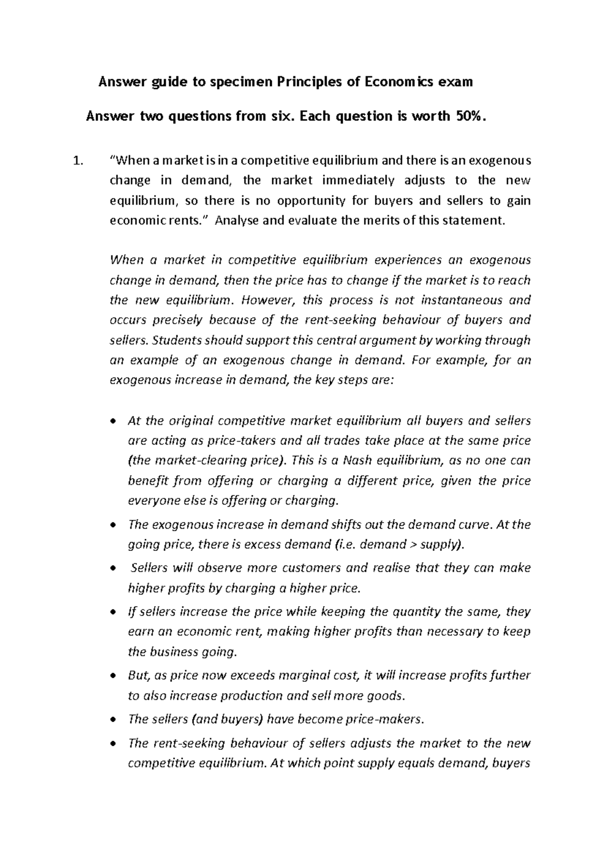 Answer guide to specimen exam (Semester 2) - Answer guide to specimen Principles of Economics ...
