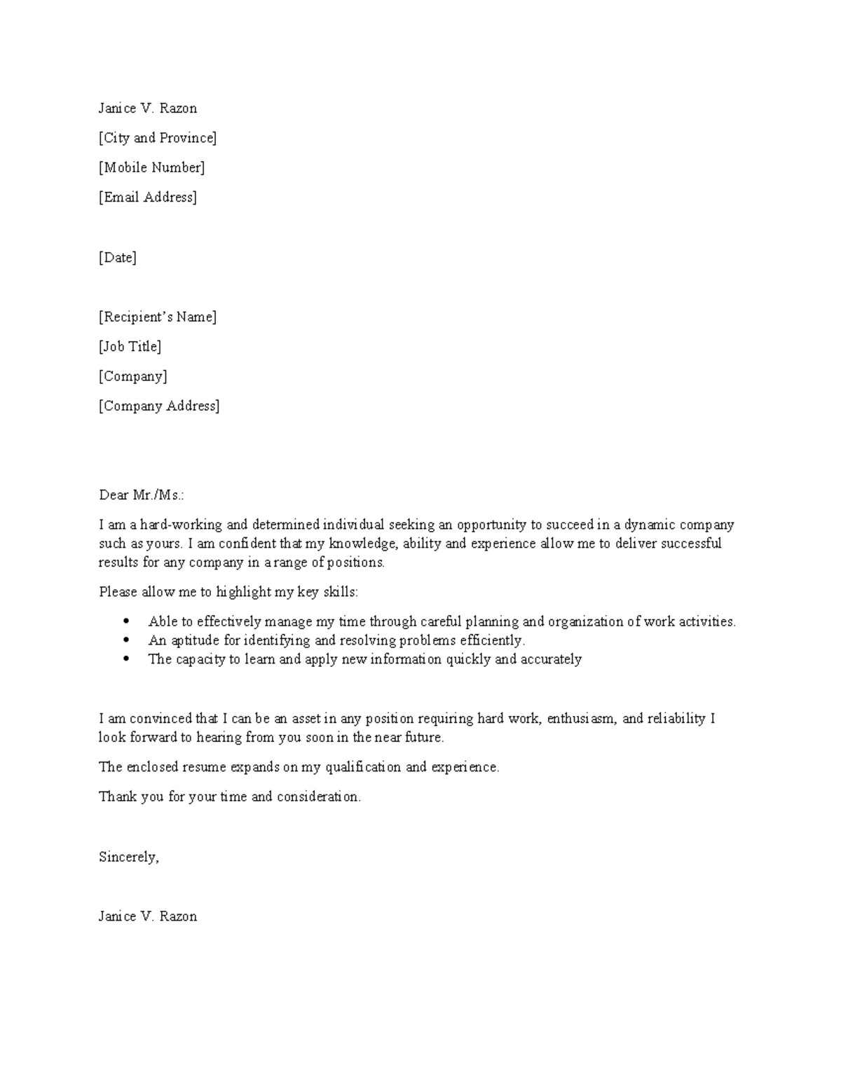 Cover letter general application - Janice V. Razon [City and Province ...