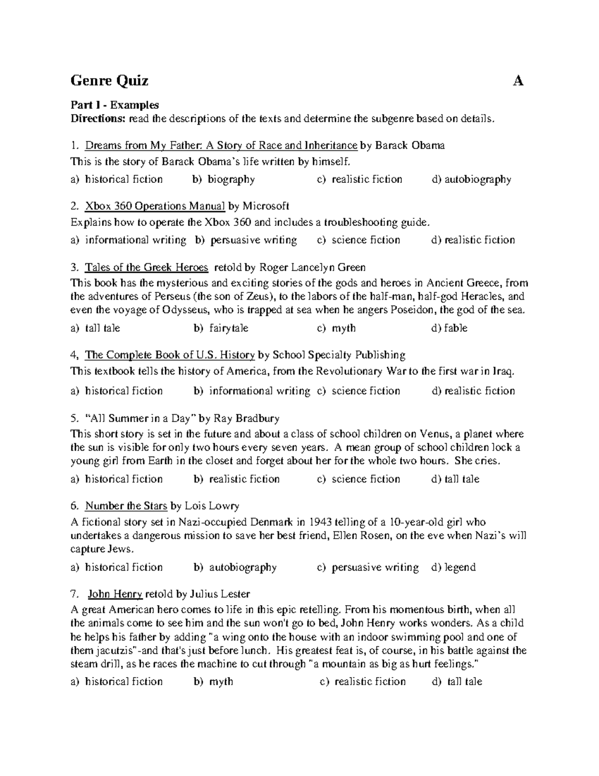 12 genrequiz2a A.S Genre Quiz A Part I Examples Directions
