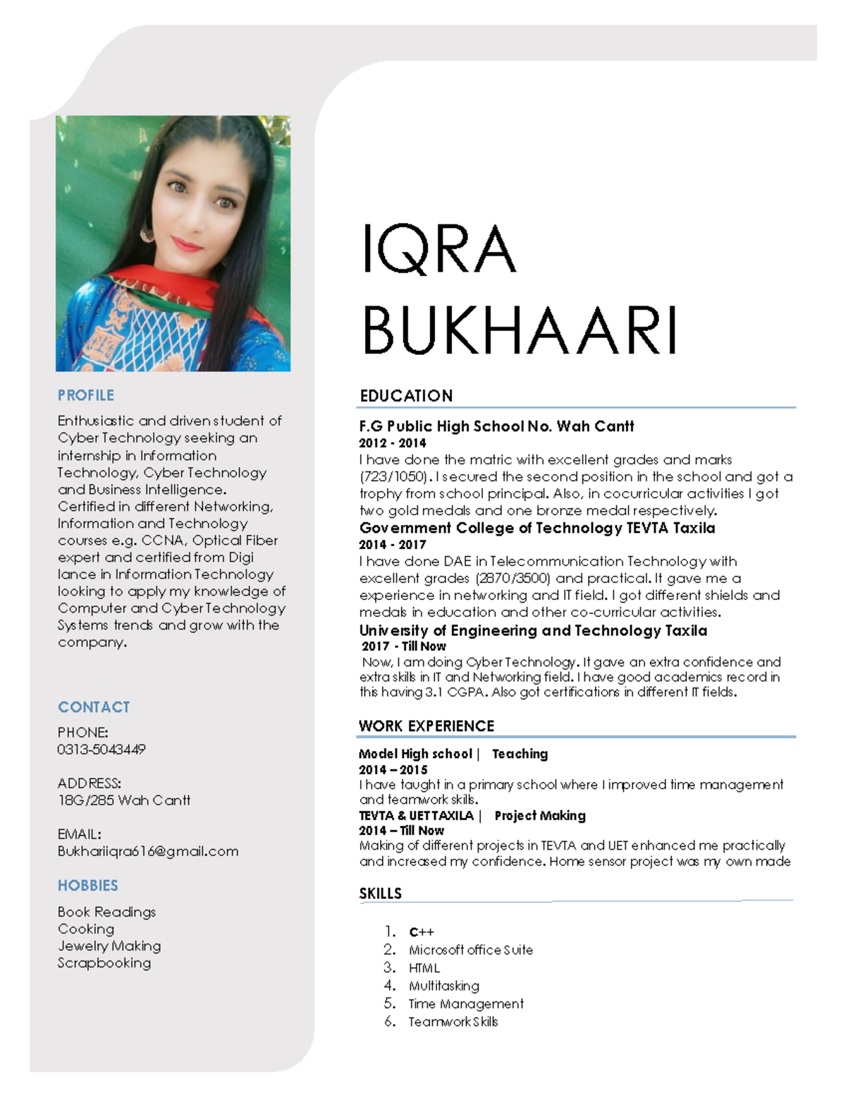 Resume of University - IQRA BUKHAARI PROFILE Enthusiastic and driven ...