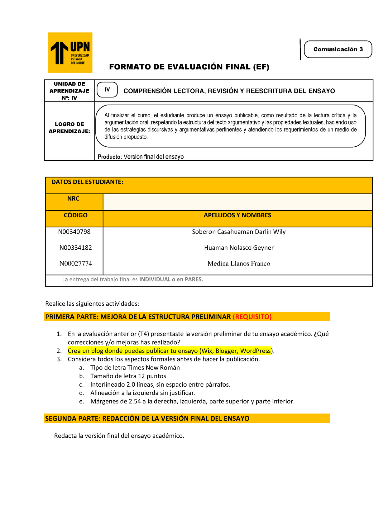 Formato Y Rúbrica Del EF-ok - FORMATO DE EVALUACI”N FINAL (EF) UNIDAD ...