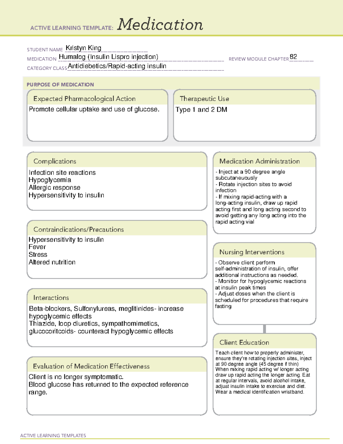 Medications Humalog CA2 ACTIVE LEARNING TEMPLATES Medication STUDENT