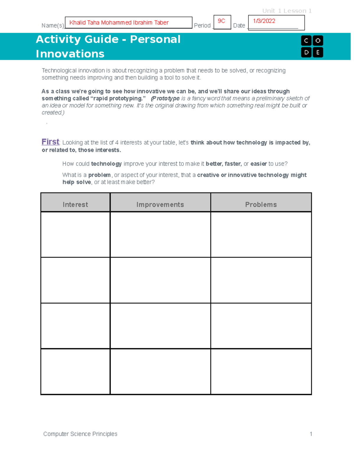 U1L01 Activity Guide - Personal Innovations - Unit 1 Lesson 1 - Studocu