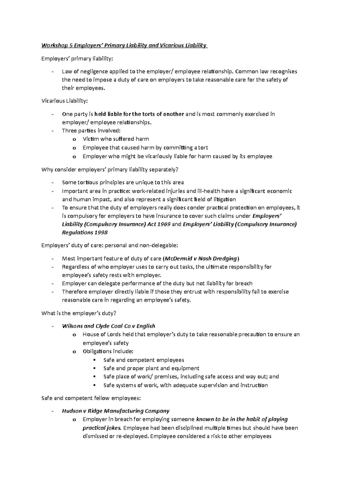 Primary and Vicarious Liability in Employee Relationships - Studocu