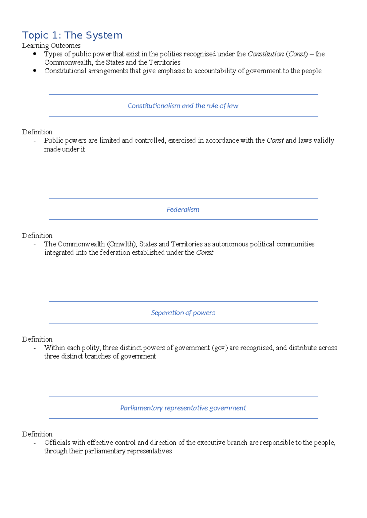 Public Law Notes - Topic 1: The System Learning Outcomes Types of ...