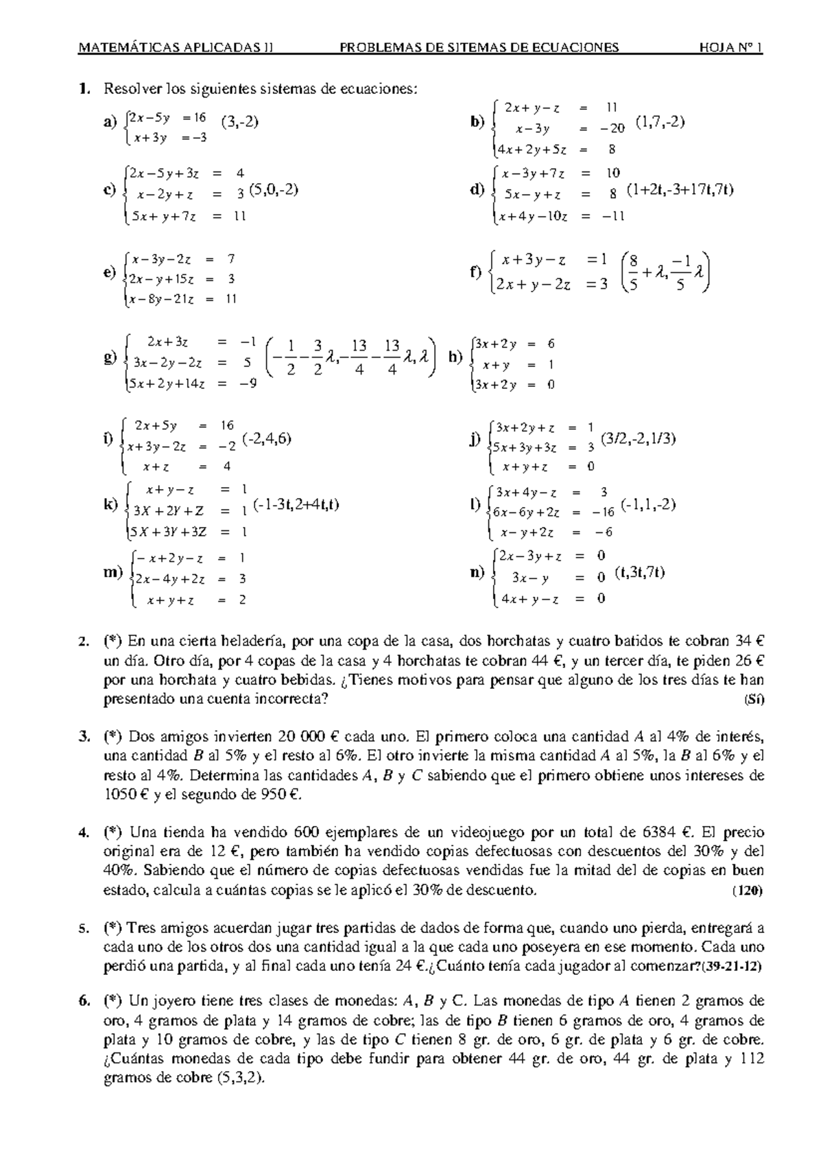 Problemas De Sistemas De Ecuaciones - 1. Resolver Los Siguientes ...