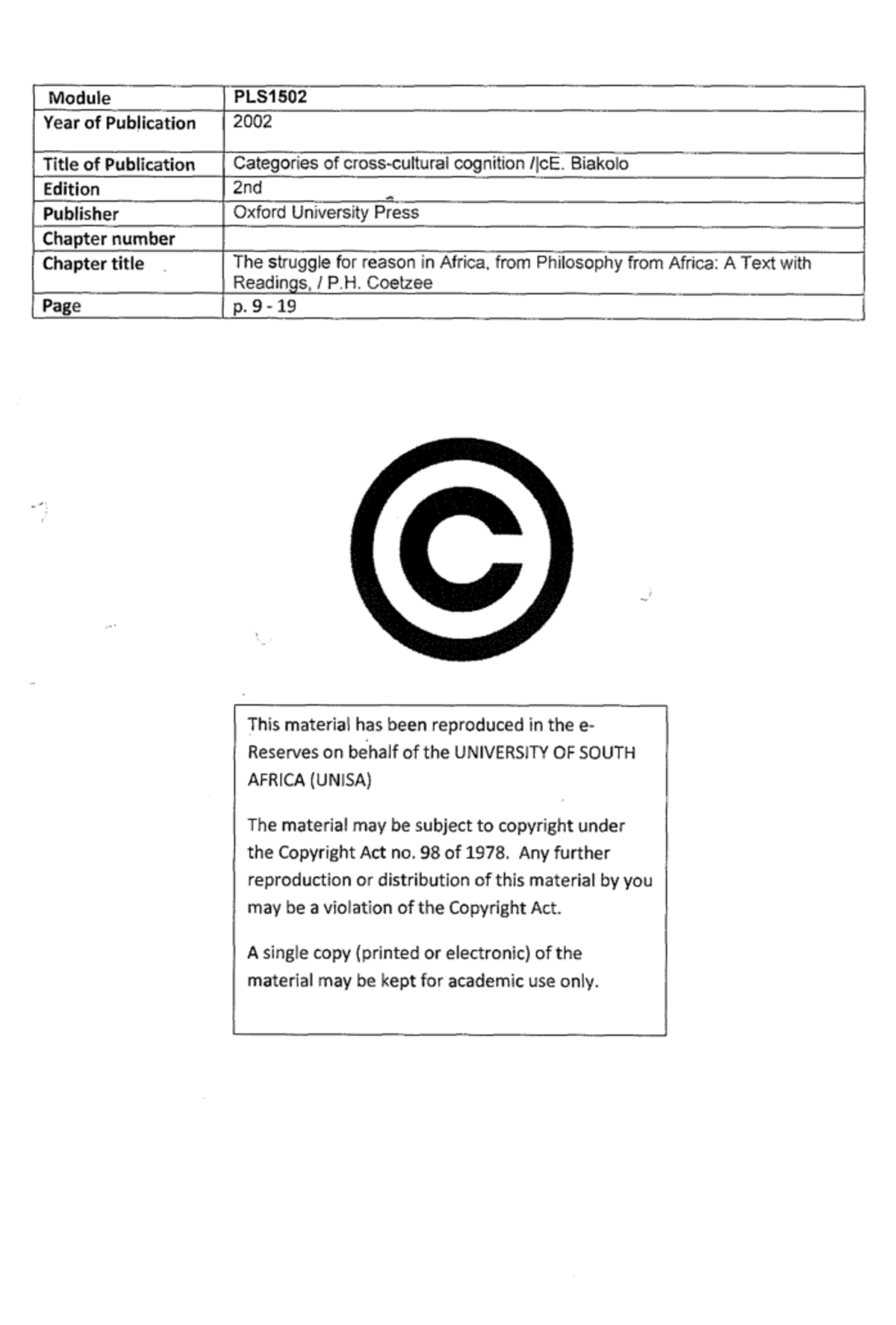 Biakolo DOCUMENT Module Year of Publication PLS1502 2002 Title of