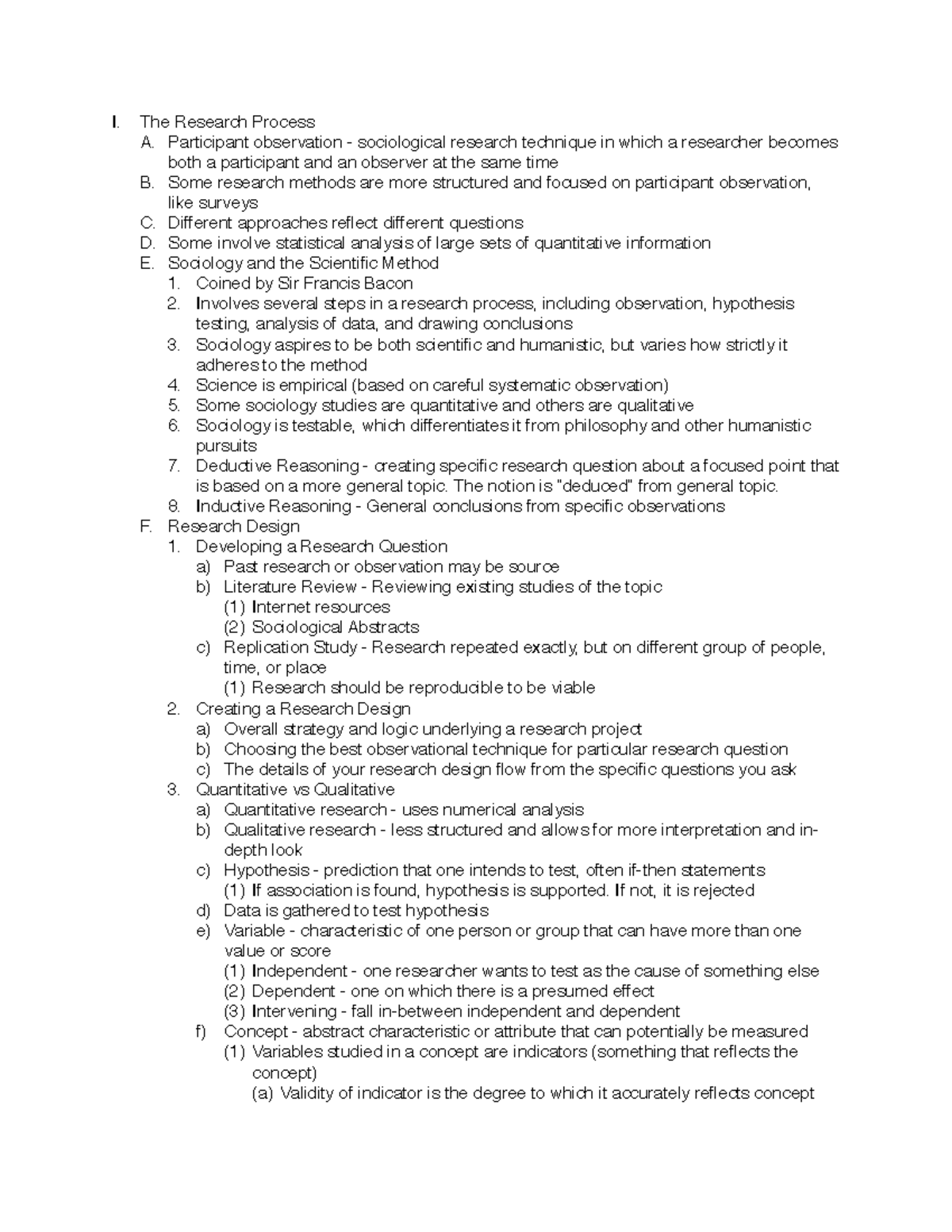 Sociology Chapter 3 - I. The Research Process A. Participant ...