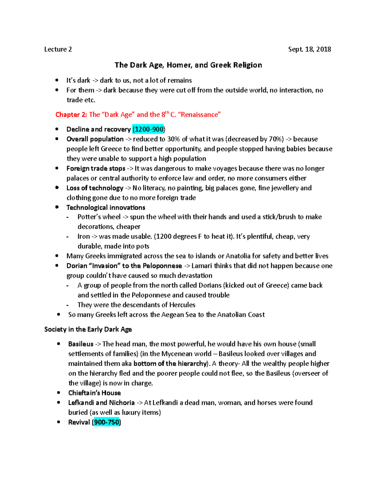 LEC 2 Notes Lecture 2 Sept. 18, 2018 The Dark Age, Homer, and Greek Religion It’s dark