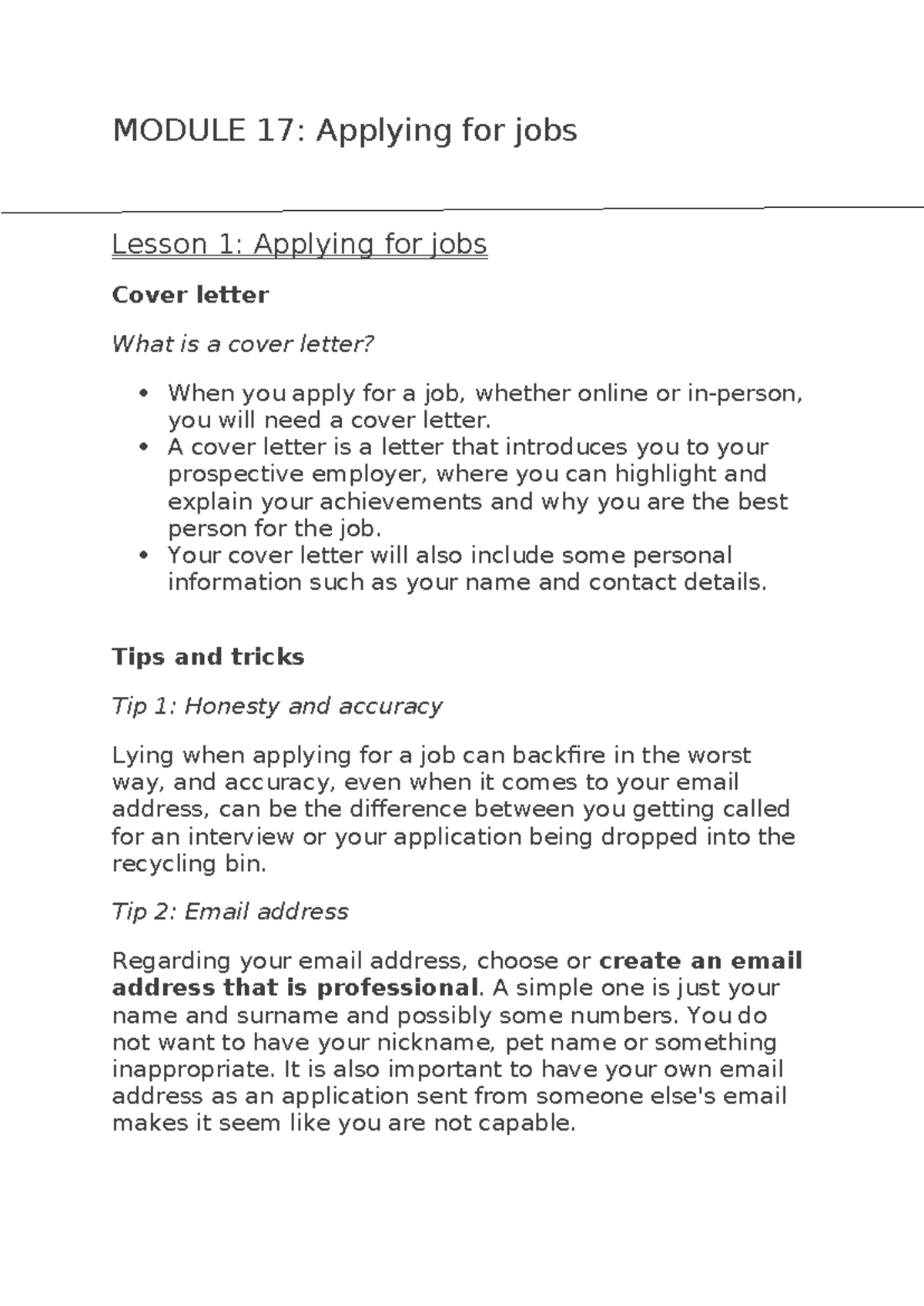 Module 17- Applying for jobs - MODULE 17: Applying for jobs Lesson 1 ...
