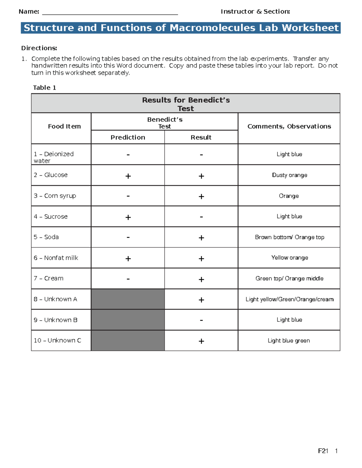 3 Macromolecules worksheet F21 with calculations - BIO-181L - GCU - Studocu