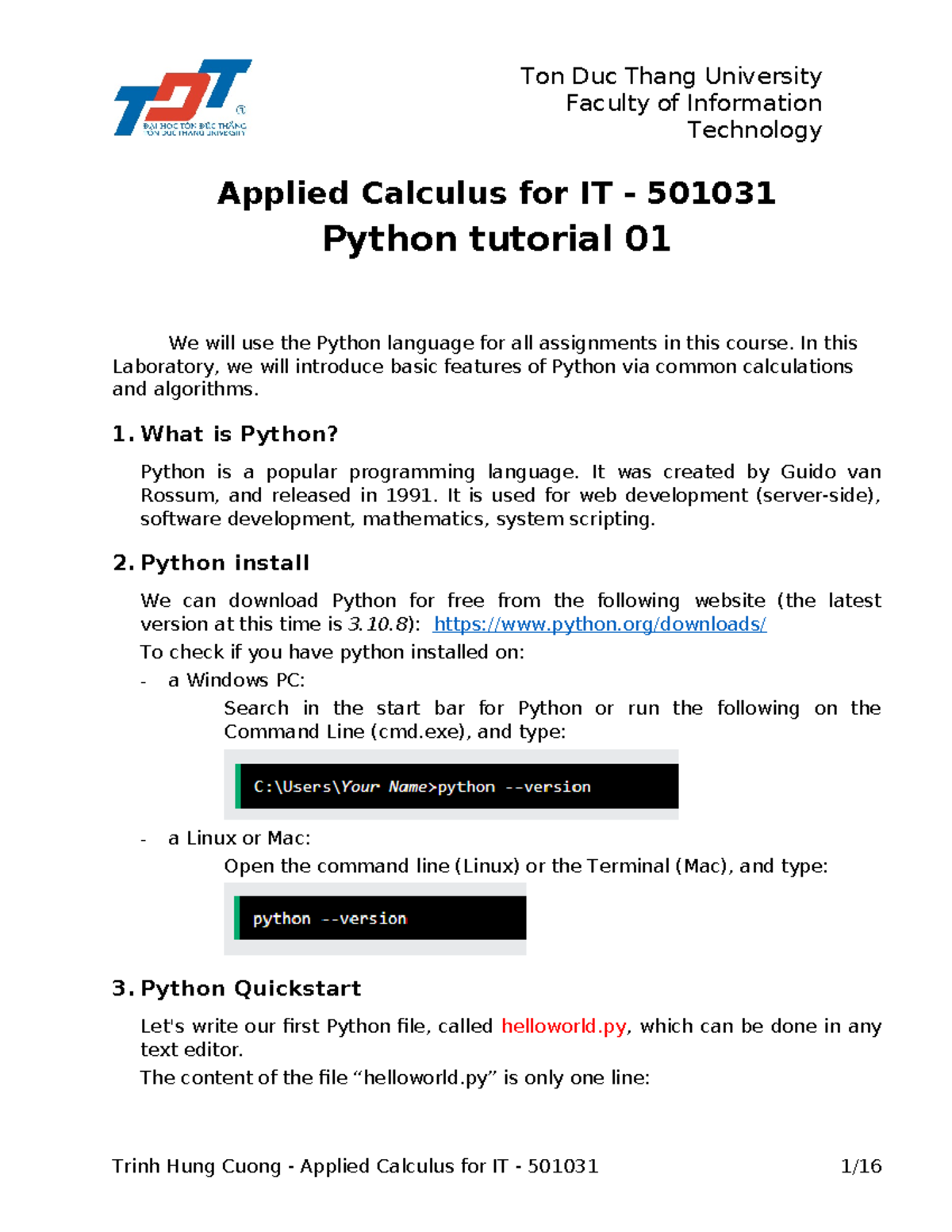 Lab01 Python 1 - cố làm - Faculty of Information Technology Applied ...