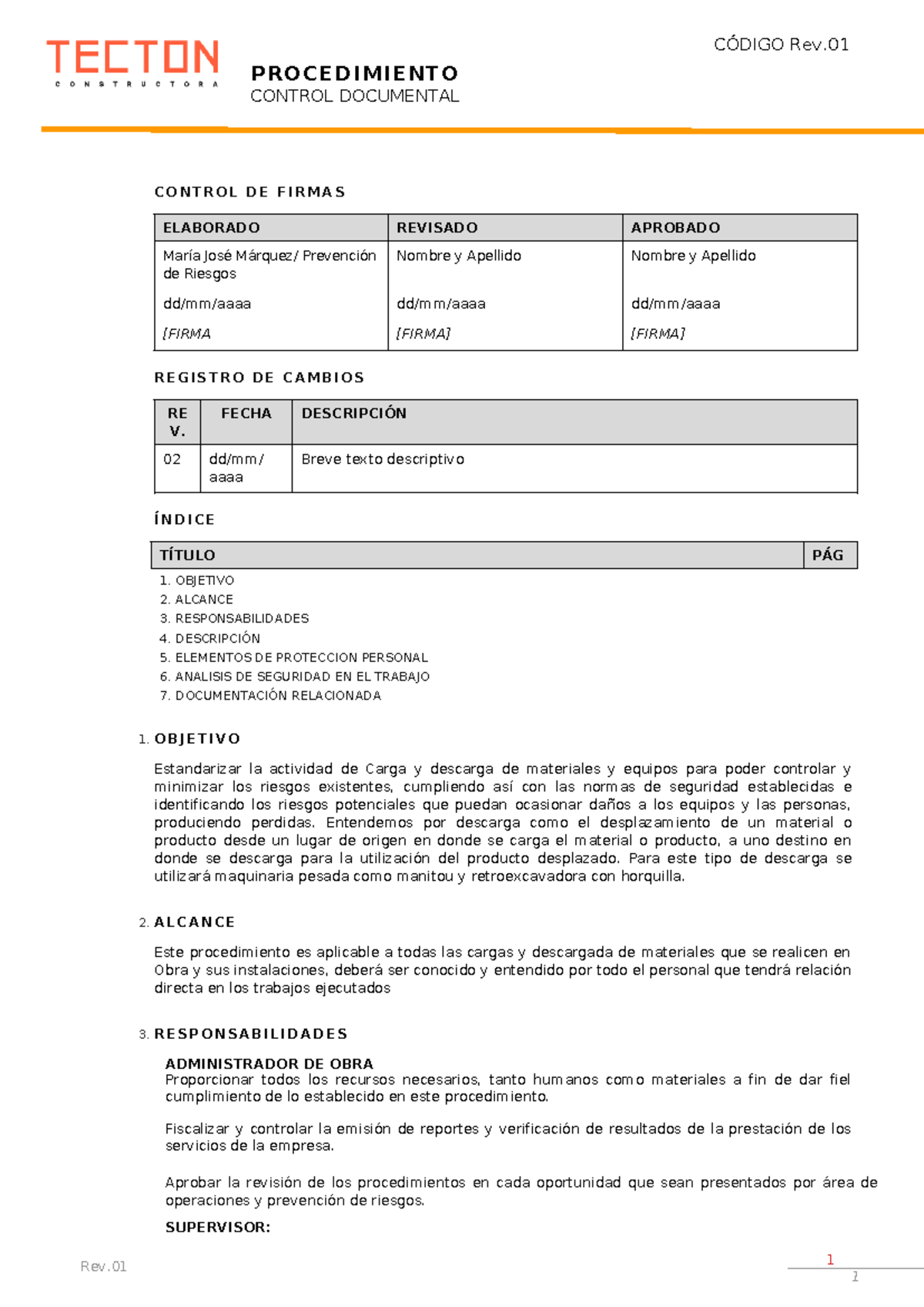 Carga y descarga - 1 Rev. PROCEDIMIENTO CONTROL DOCUMENTAL CO N T R O L ...