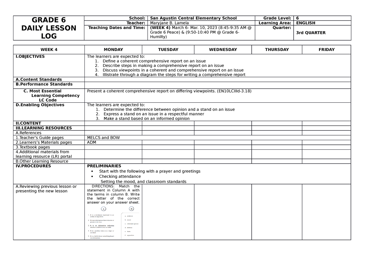 DLL ENG W4 Q3 G6 - Lesson Plan - GRADE 6 DAILY LESSON LOG School: San ...