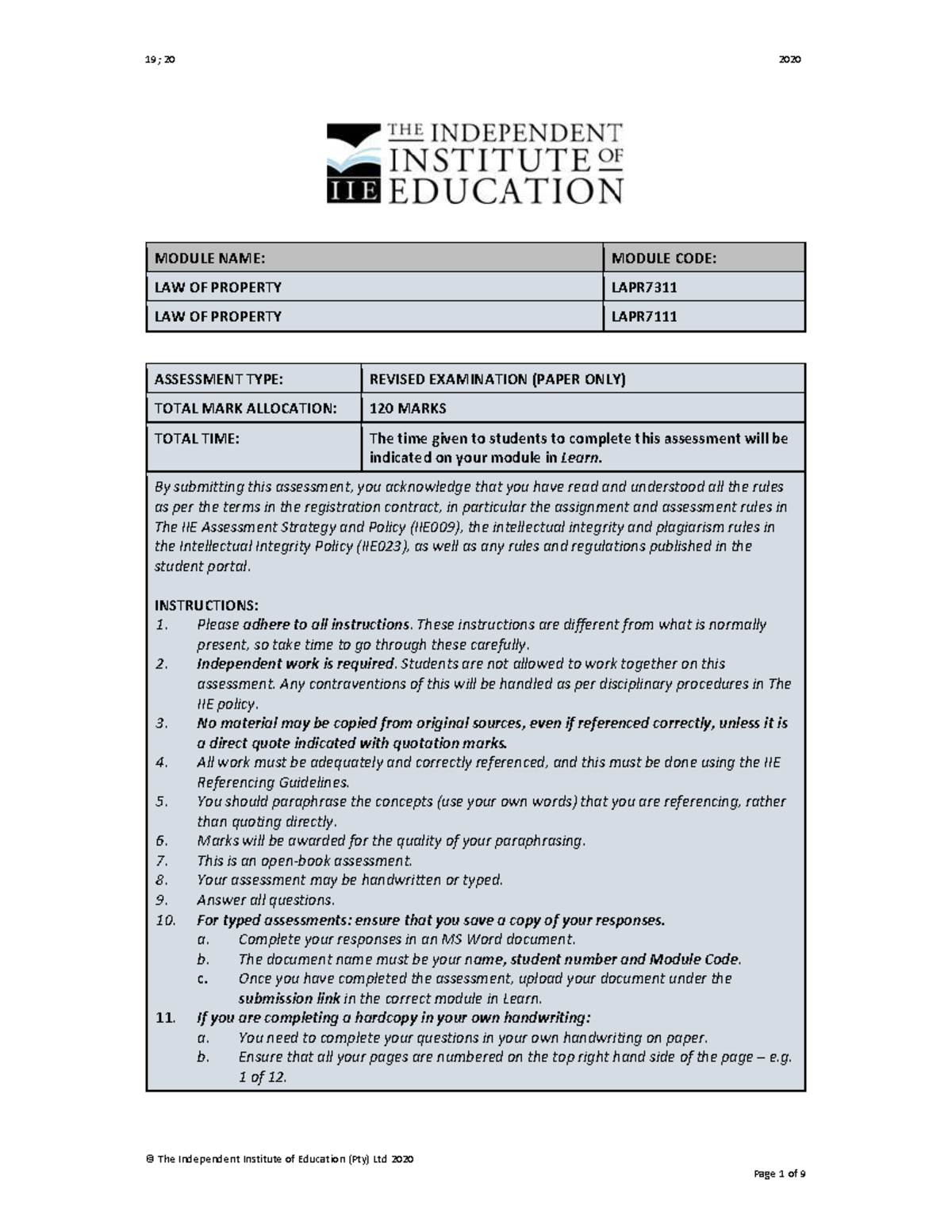 Law of property exam preparations for an upcoming exam practical ...