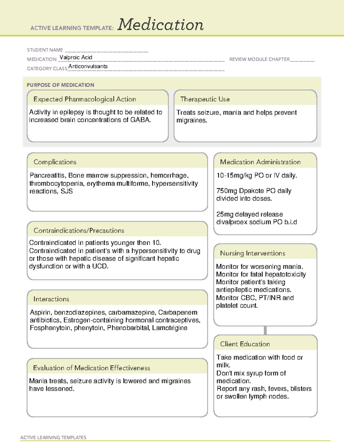 Valporic Acid ACTIVE LEARNING TEMPLATES Medication STUDENT NAME Studocu