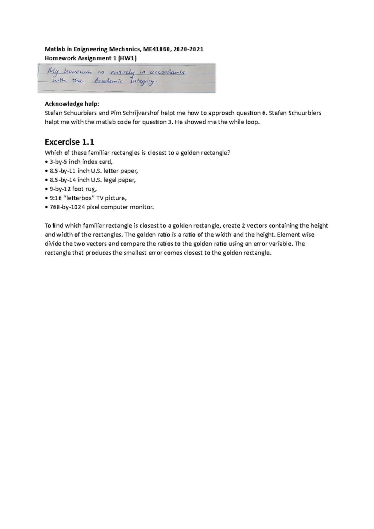 Matlab in Engineering Mechanincs HW1 - Matlab in Enigneering Mechanics ...