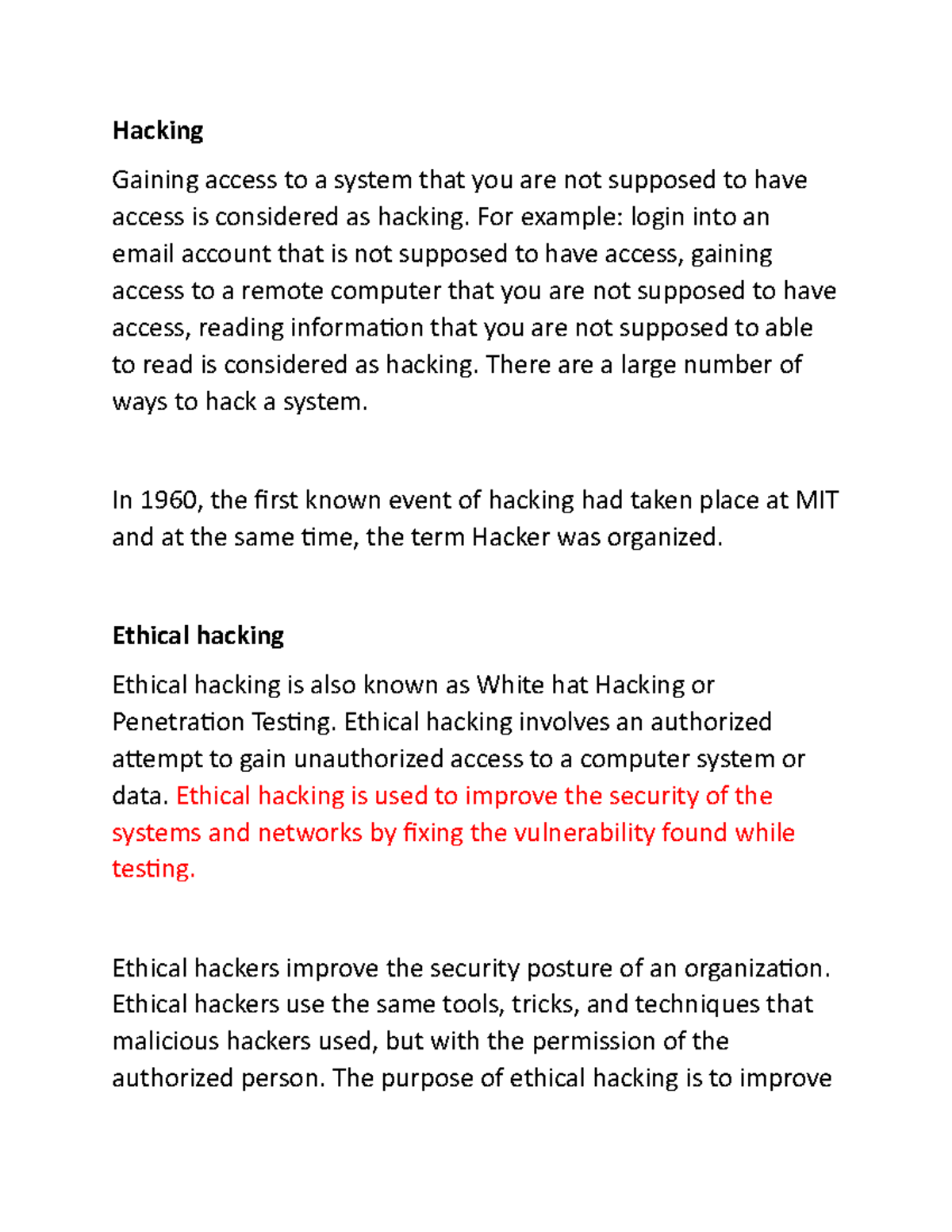 Ethical Hacking 1 - CYBER - Hacking Gaining access to a system that you ...