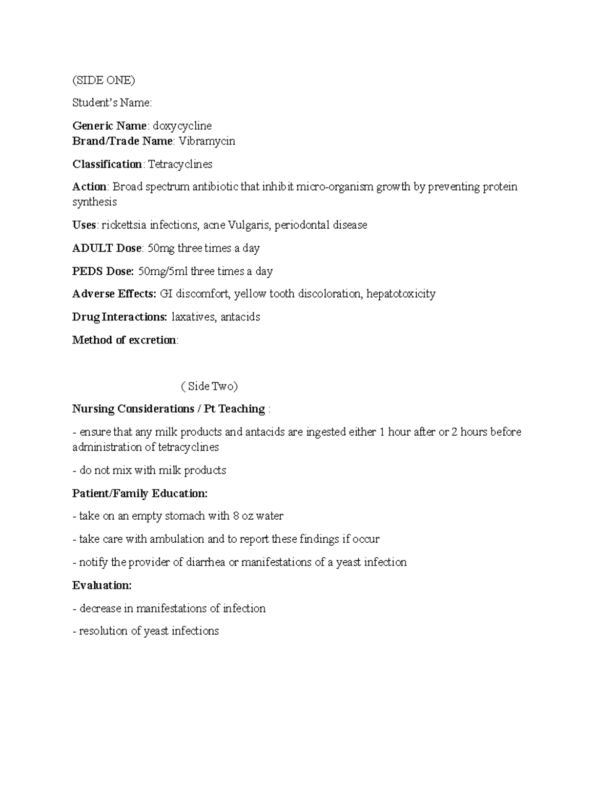 Med card - Doxycycline - medication card - (SIDE ONE) Student’s Name ...