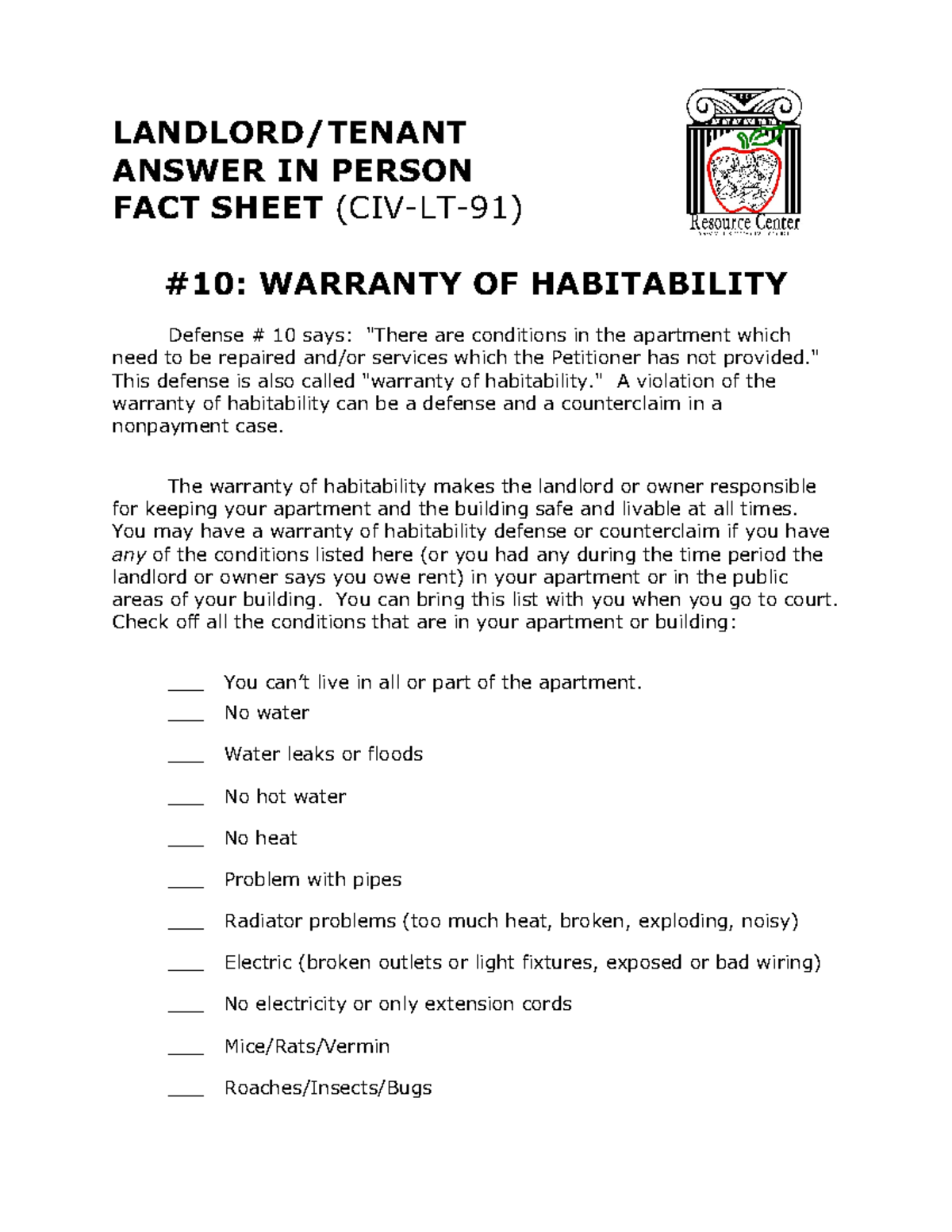 Warranty Of Habitability - LANDLORD/TENANT ANSWER IN PERSON FACT SHEET ...