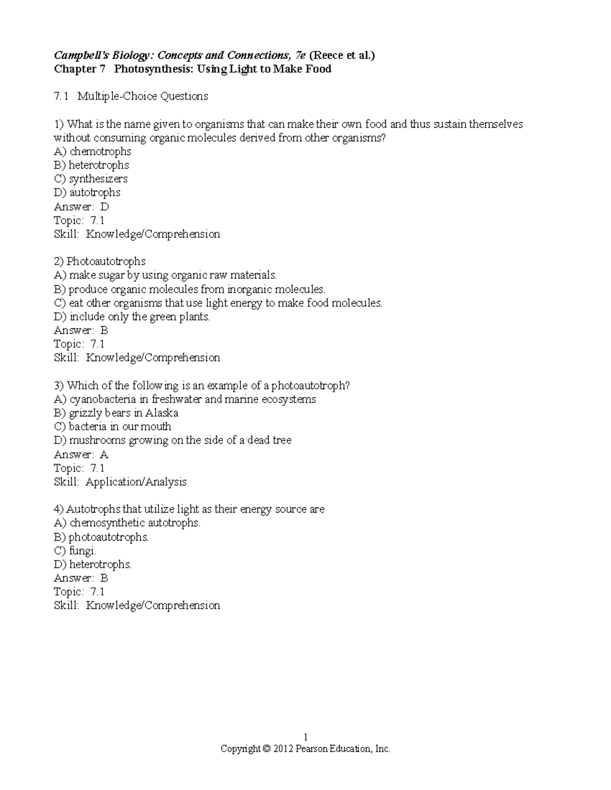 07 test bank 2 Wheatley biology test answer keys. Campbell's Biology Concepts and