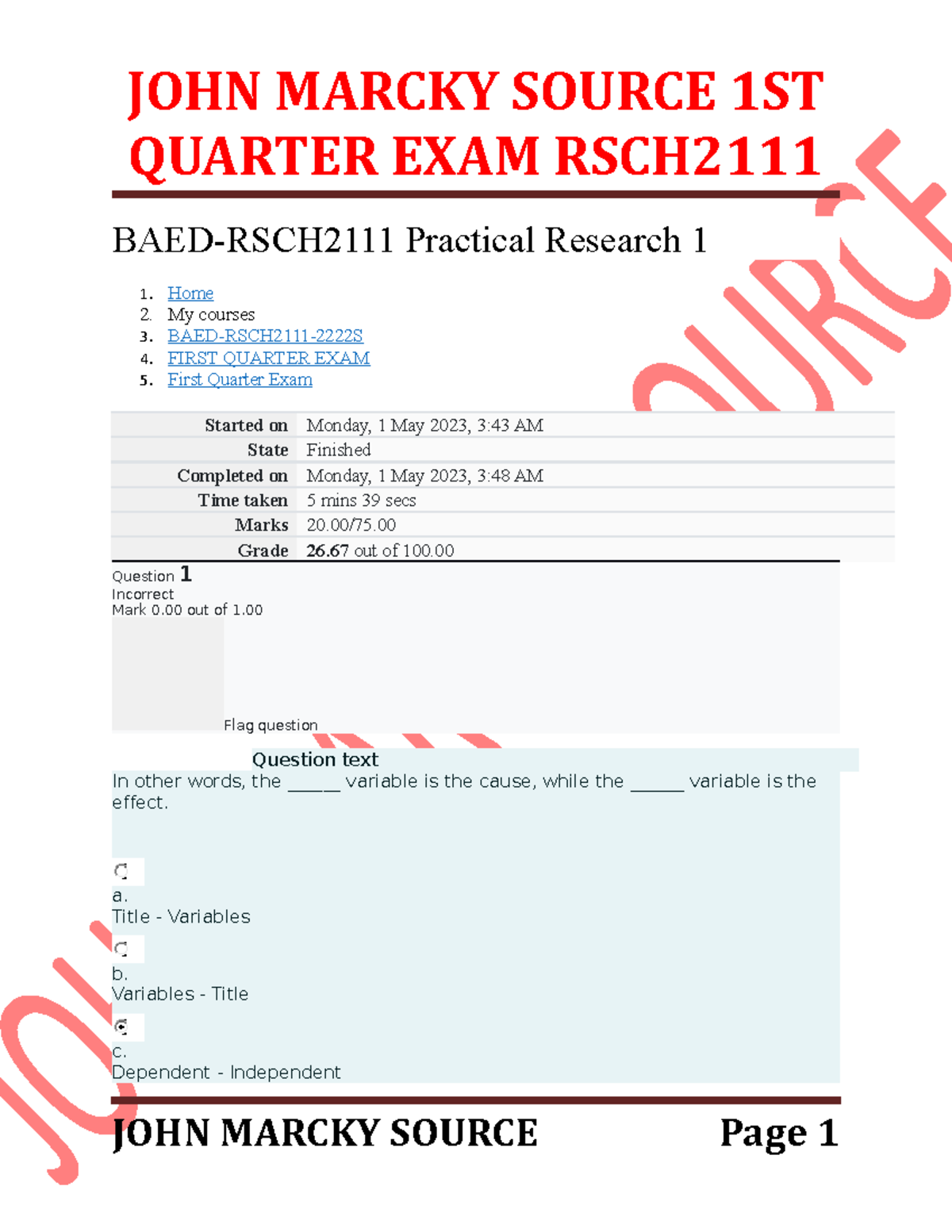 RSCH2111 1ST AND 2ND Quarter EXAM - QUARTER EXAM RSCH BAED-RSCH2111 ...