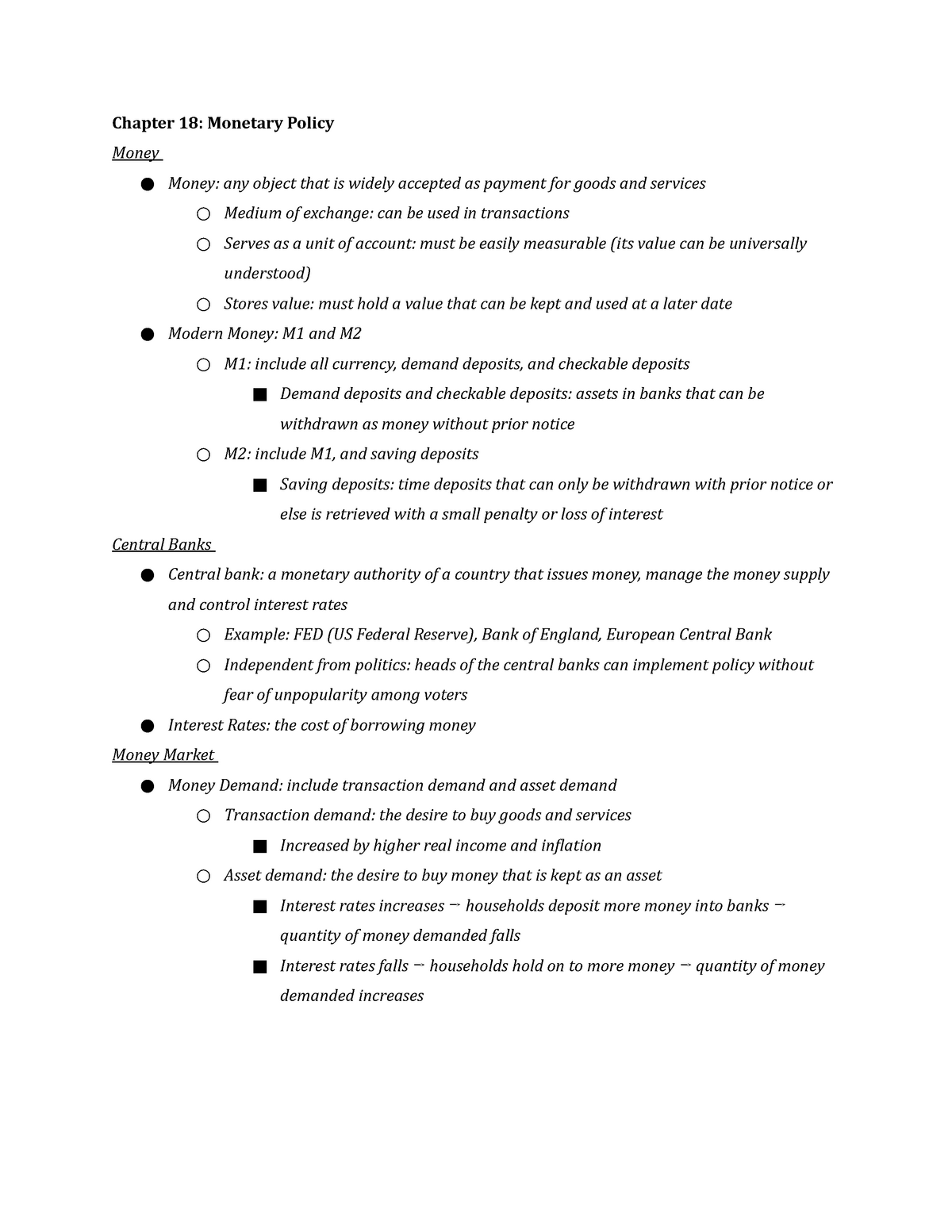 Chapter 18 - Monetary Policy - Chapter 18: Monetary Policy Money Money ...