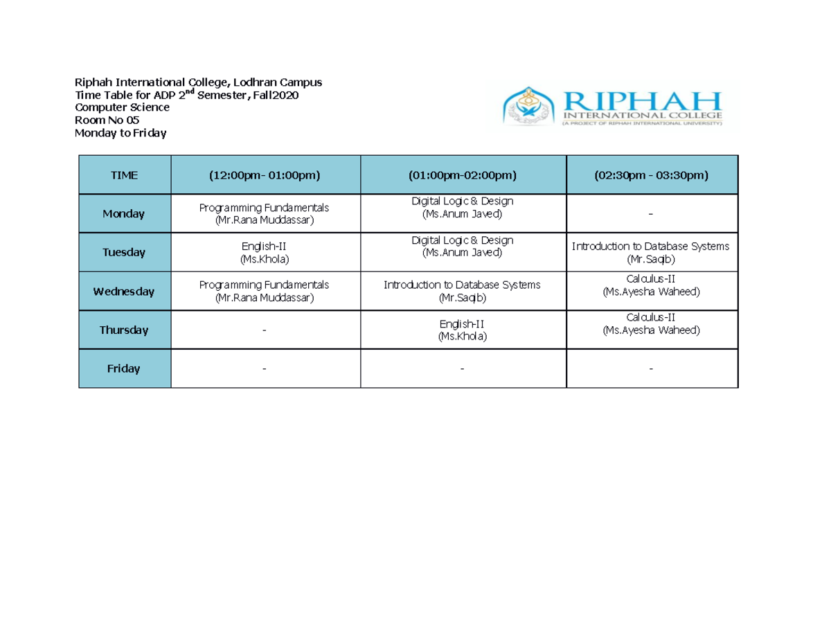 ADP 2nd semester College-2 - Time Table for ADP 2 nd Semester, Fall ...