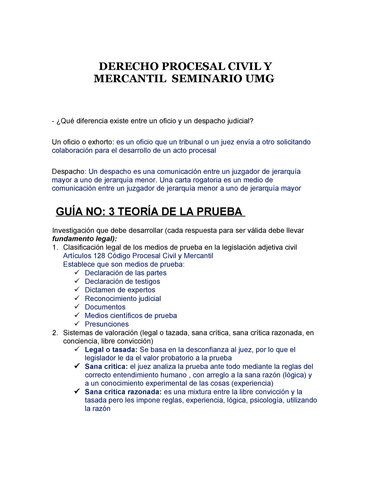 La Prueba Derecho Procesal Civil Y Mercantil DERECHO PROCESAL CIVIL Y MERCANTIL SEMINARIO UMG