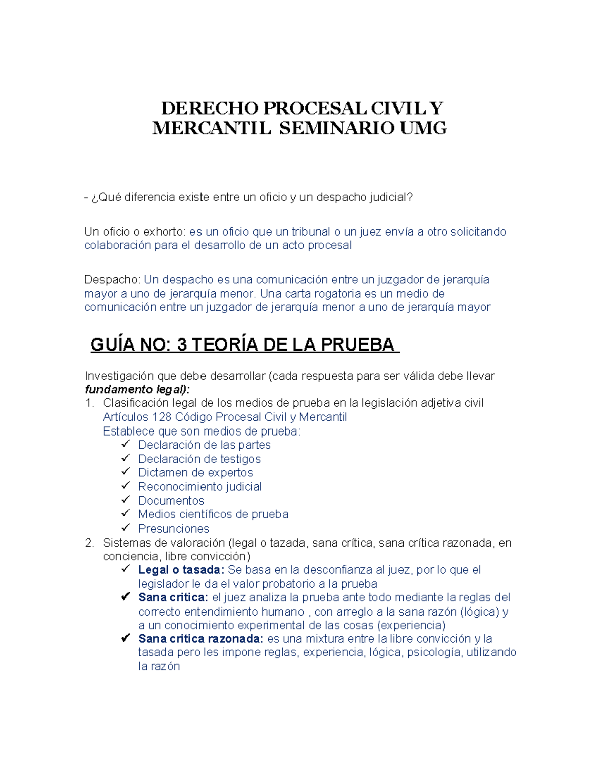 La Prueba Derecho Procesal Civil Y Mercantil DERECHO PROCESAL CIVIL Y MERCANTIL SEMINARIO UMG