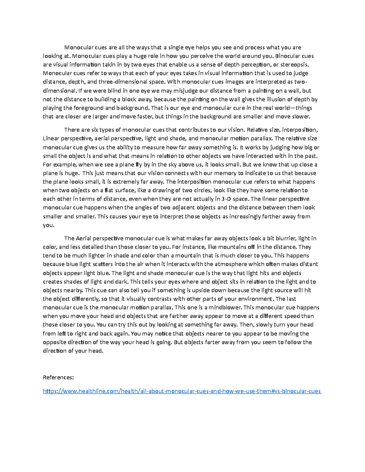 Week 3 Assignment 3.1 Essay - Monocular cues are all the ways that a ...