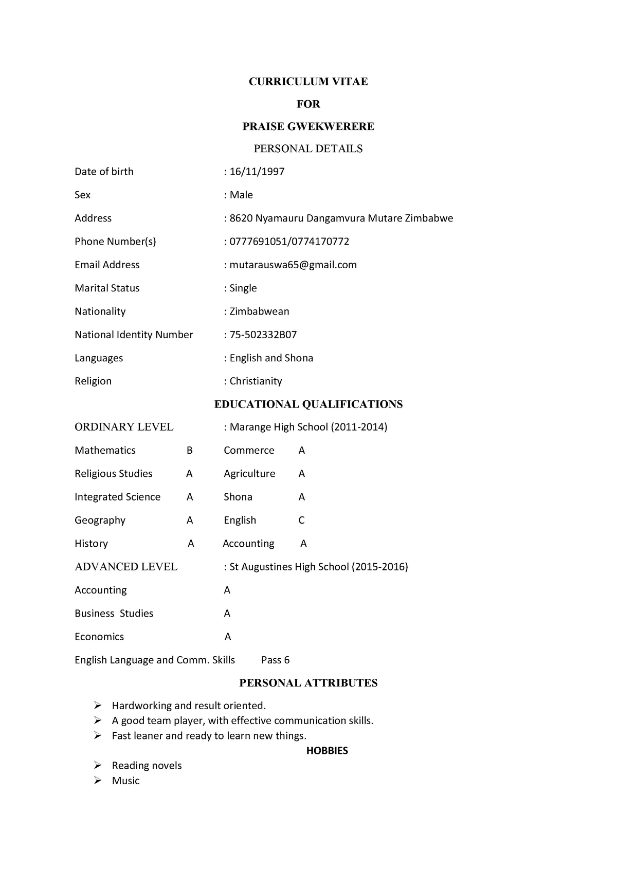 Curriculum vitae for james IN MUSIC STATS - CURRICULUM VITAE FOR PRAISE ...