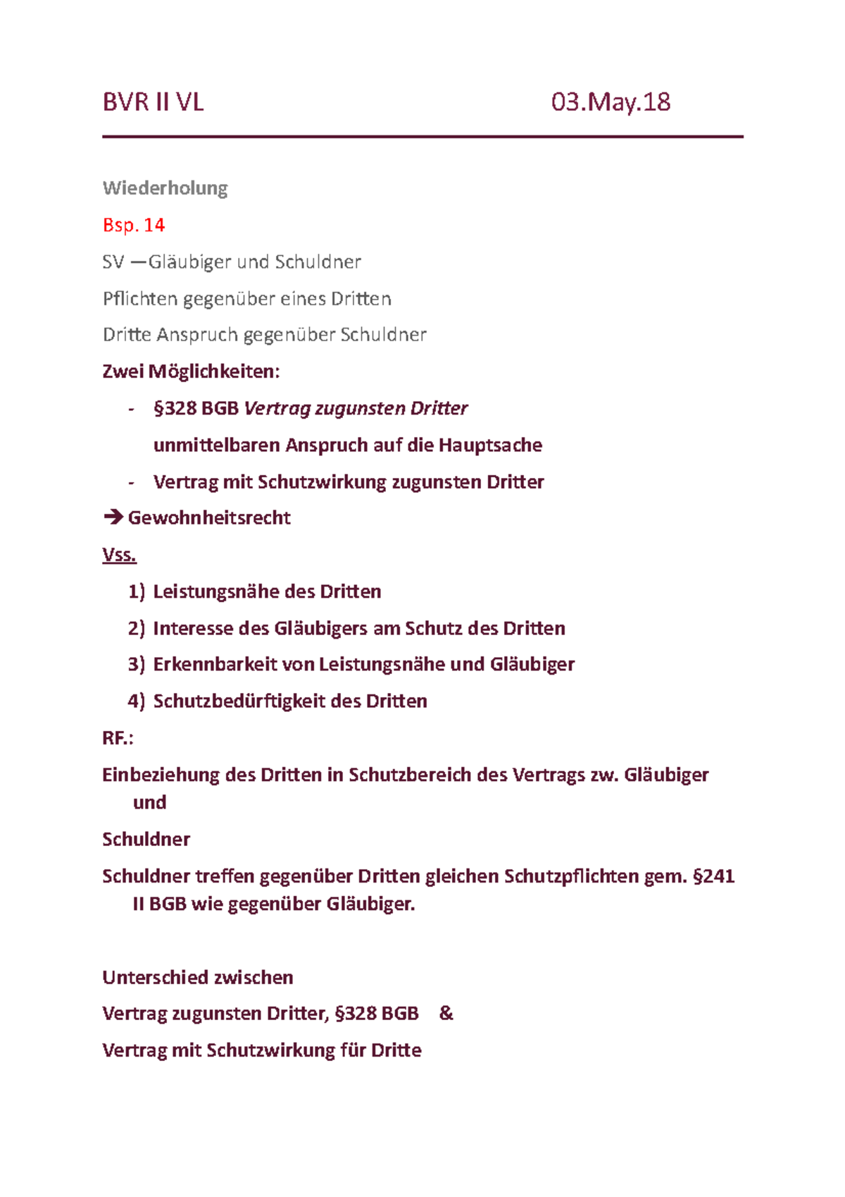BVR II VL 30518 03 BVR II VL 03.May Wiederholung Bsp. 14 SV —Gläubiger und Schuldner Pflichten