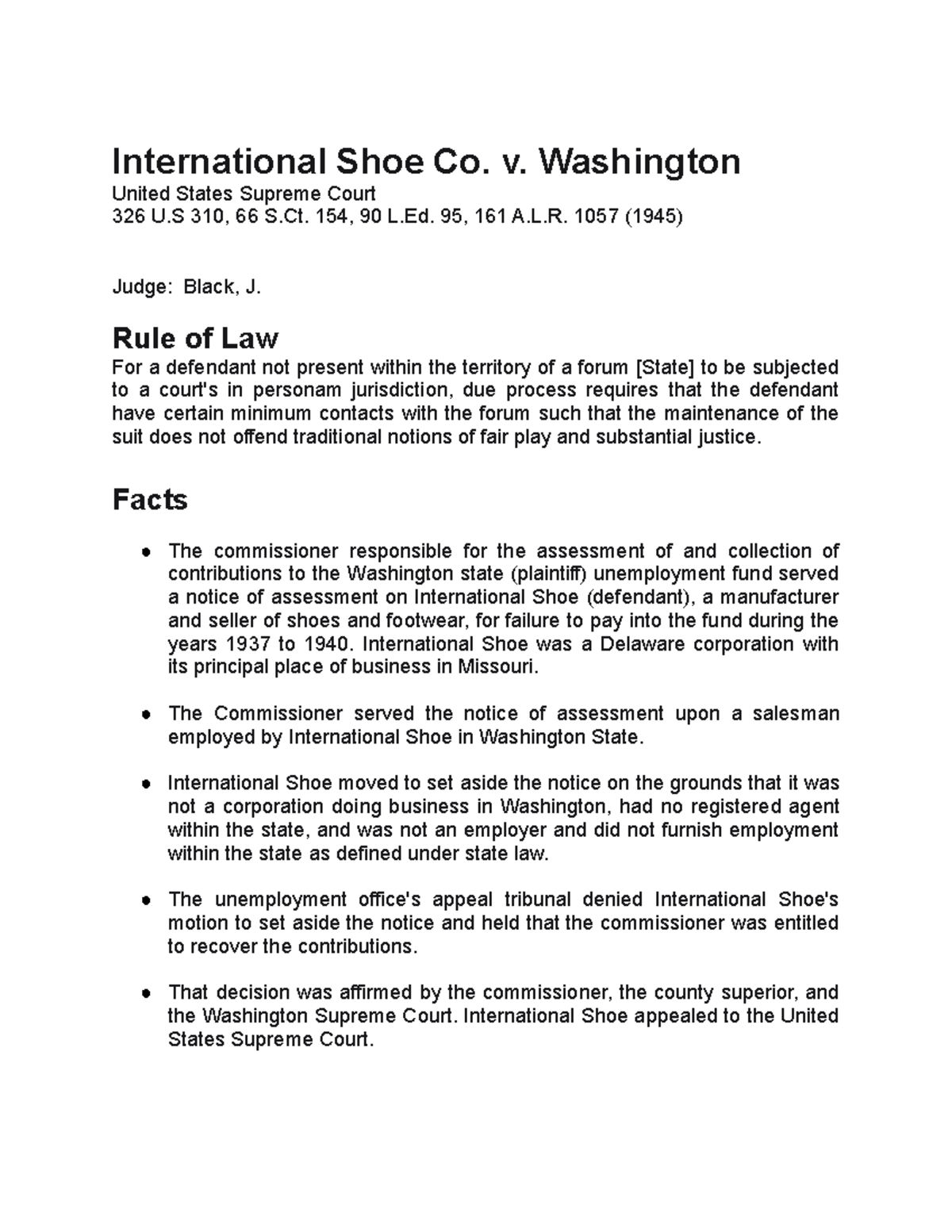 International Shoe v. Washington Case Brief International Shoe Co