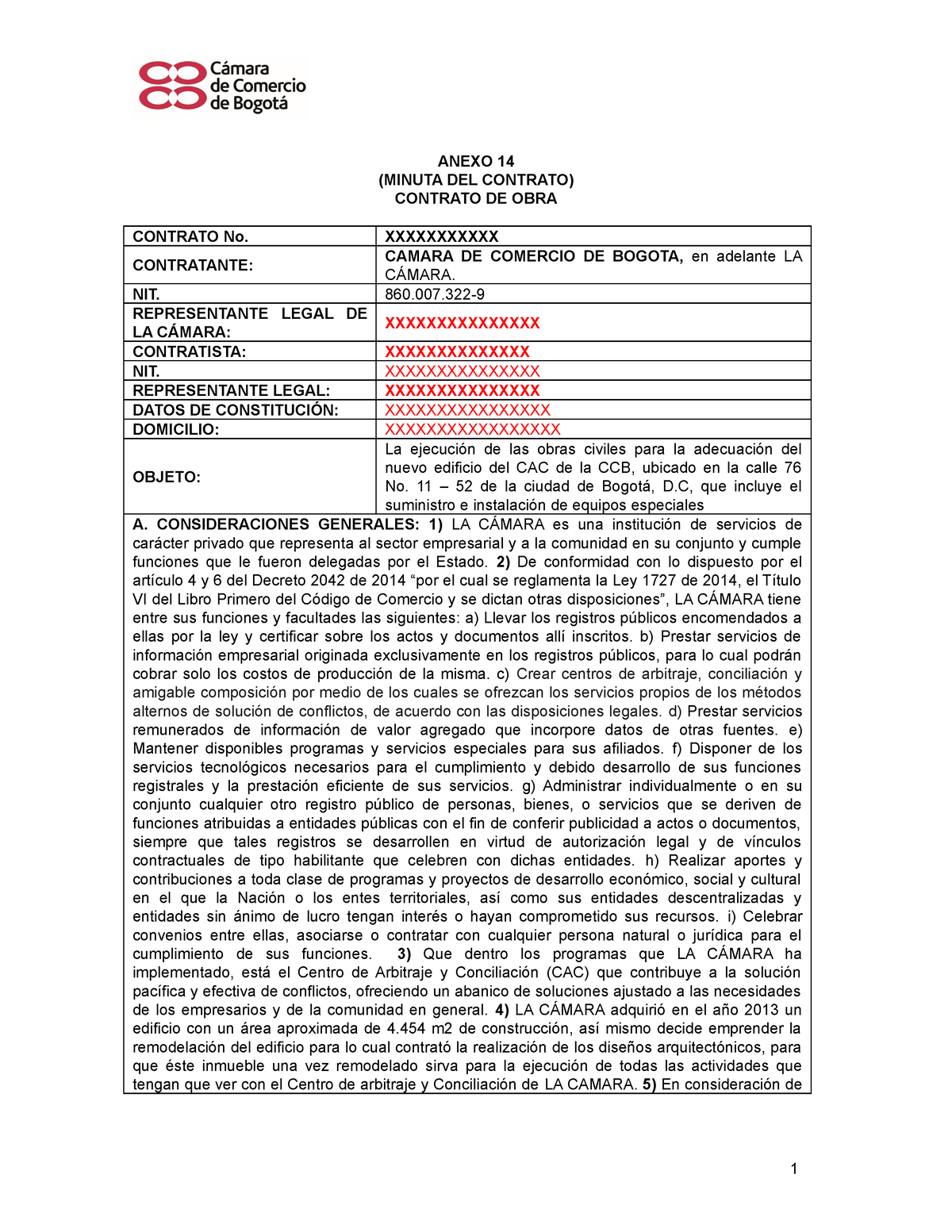 Anexo 14. Minuta Contrato - ANEXO 14 (MINUTA DEL CONTRATO) CONTRATO DE ...