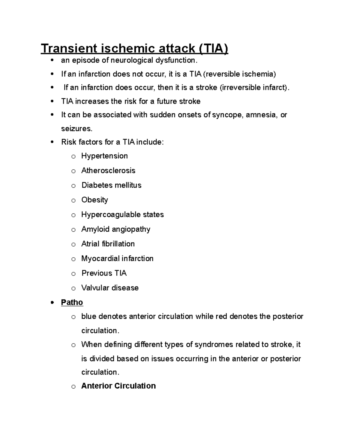 CNS ischemia - Lecture notes 5-8 - Transient ischemic attack (TIA) an ...