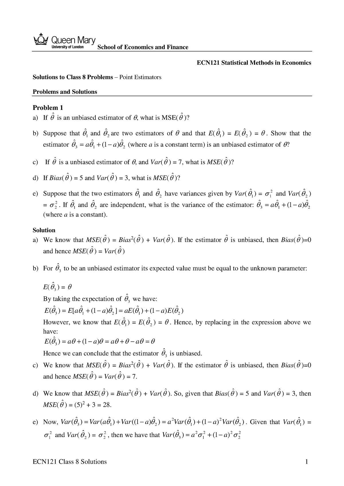 Ecn121 Class 8 Solutions Economics School Of Economics And Finance Ecn121 Statistical Methods In Economics Solutions To Class Problems Point Estimators Studocu