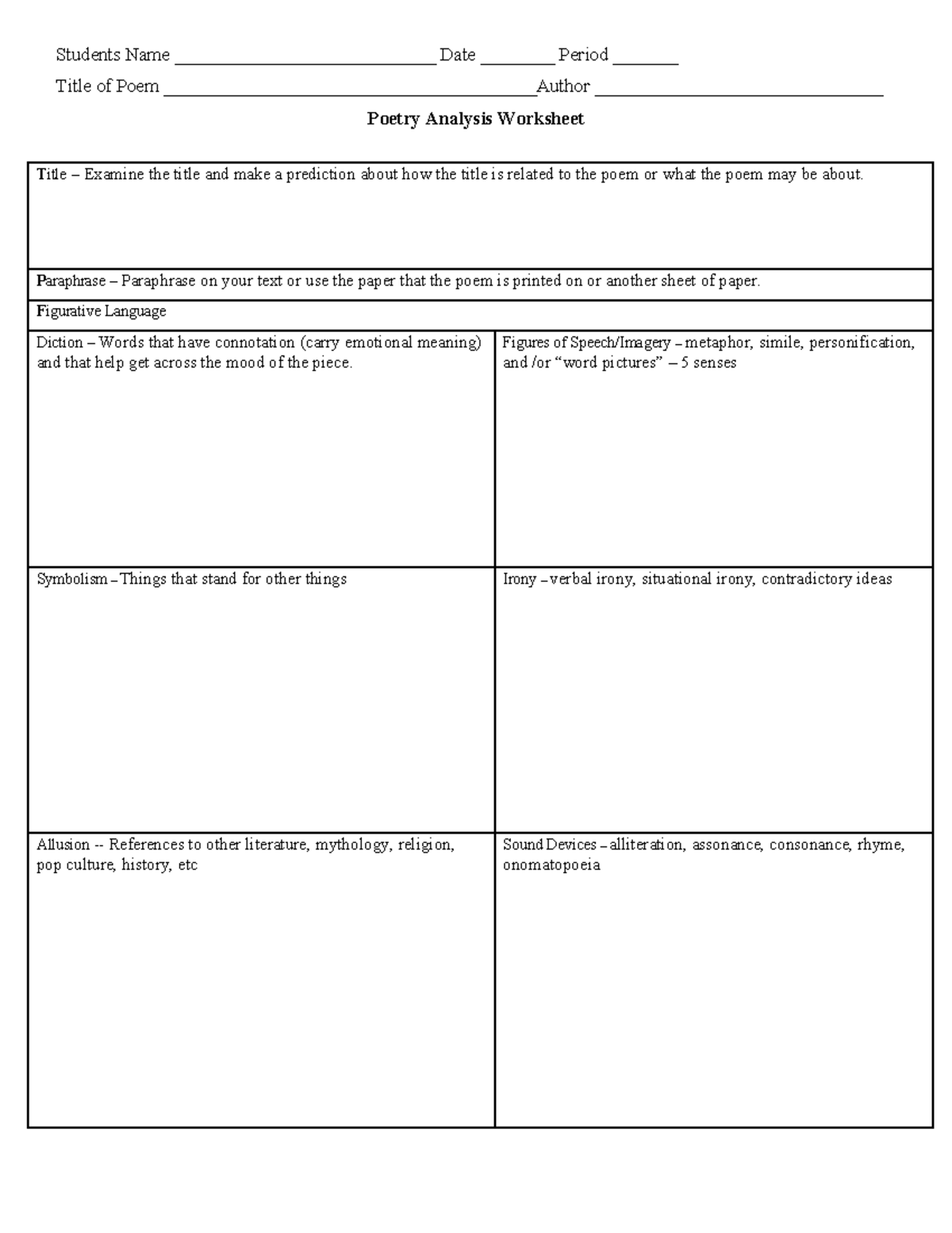 Poetry analysis - idk - Students Name ____________________________ Date ...