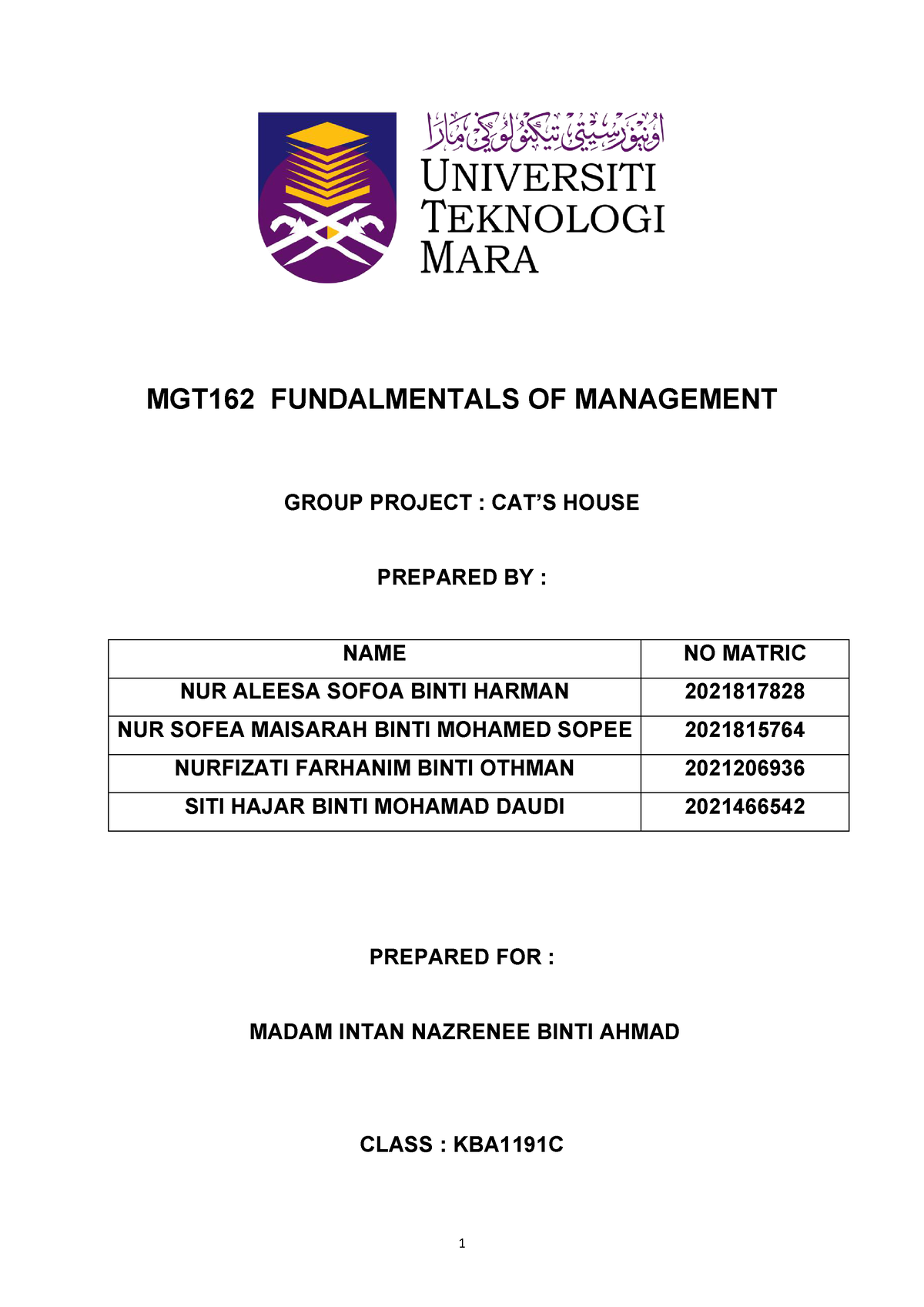 MGT162- Group Assignment - MGT162 FUNDALMENTALS OF MANAGEMENT GROUP ...