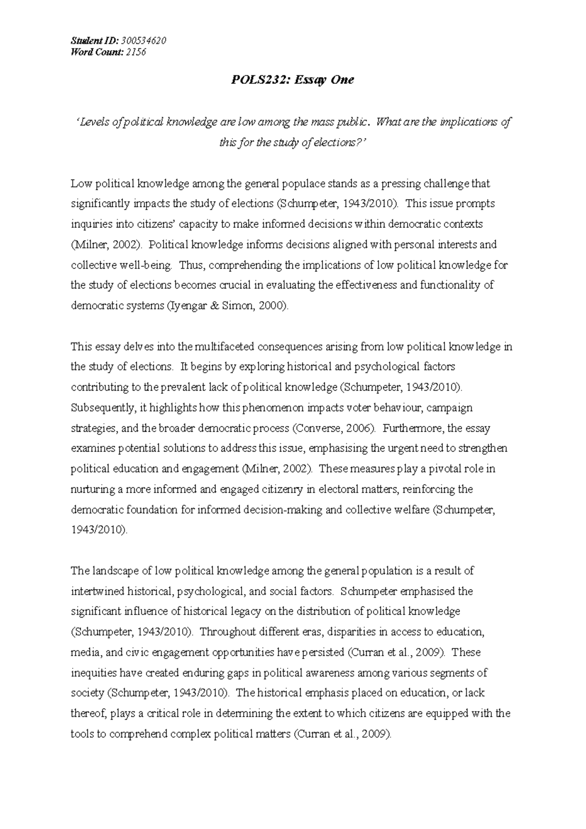 POLS232 Essay One 300534620 - Word Count: 2156 POLS232: Essay One ...