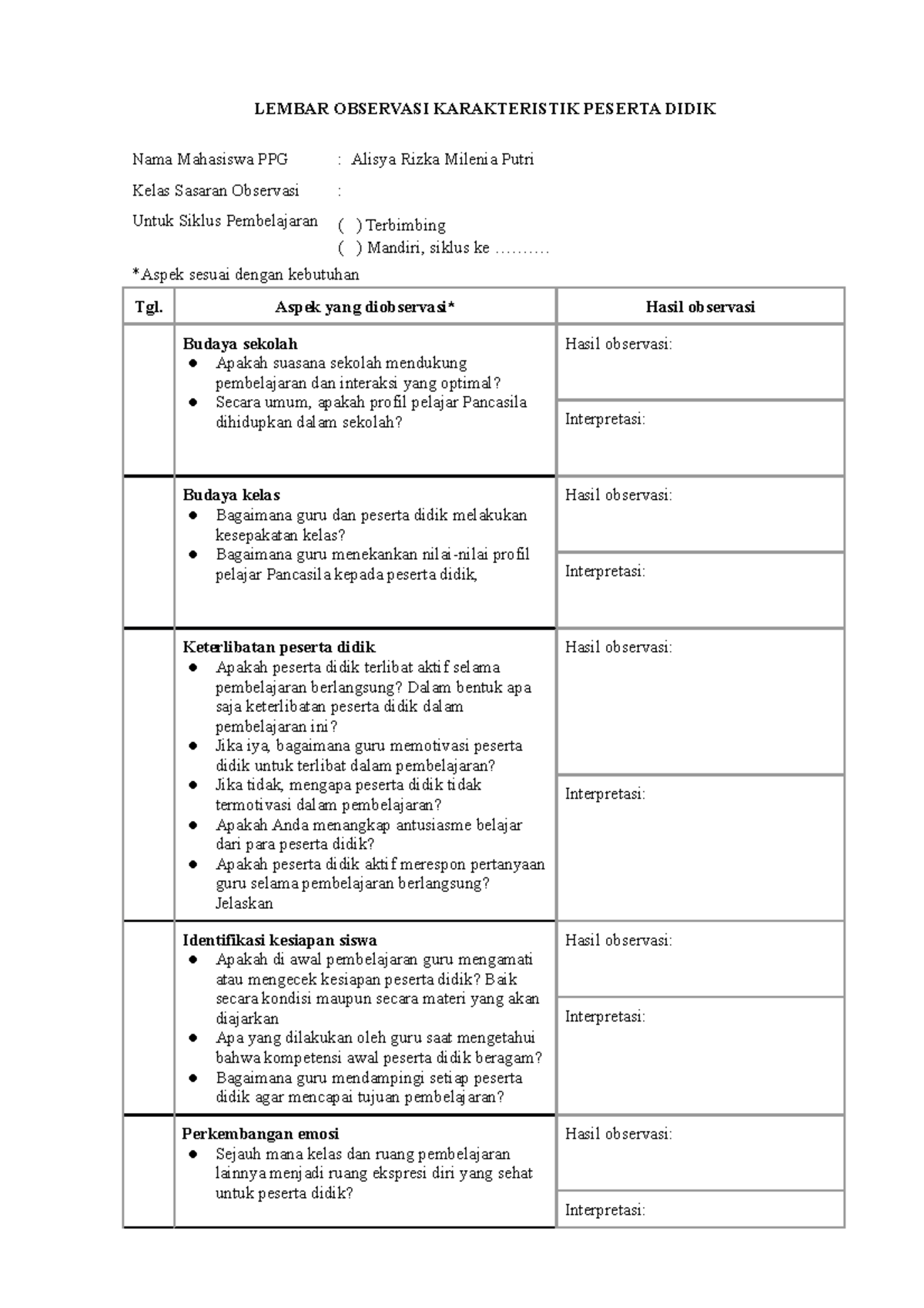 Lampiran 1 - Contoh Format Lembar Observasi Karakteristik Peserta Didik ...