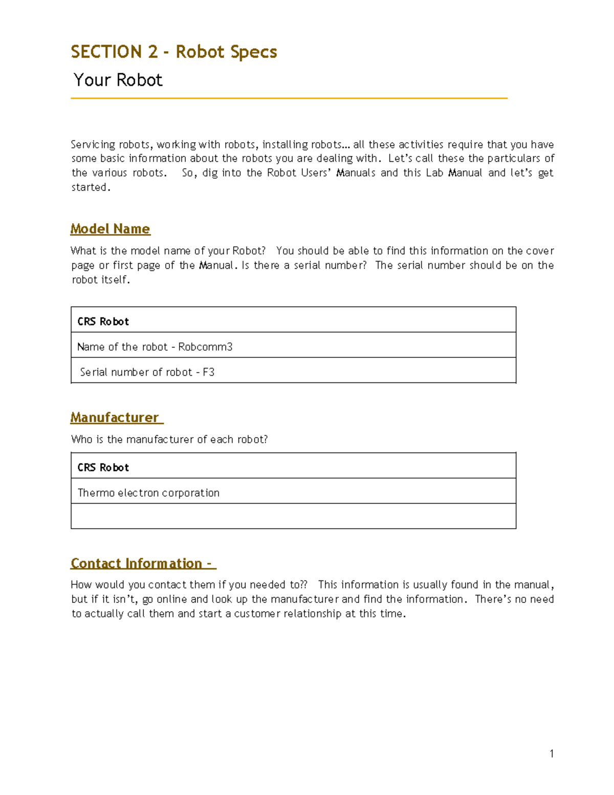 Industrial Robotics Workbook Section 2 - SECTION 2 - Robot Specs Your ...