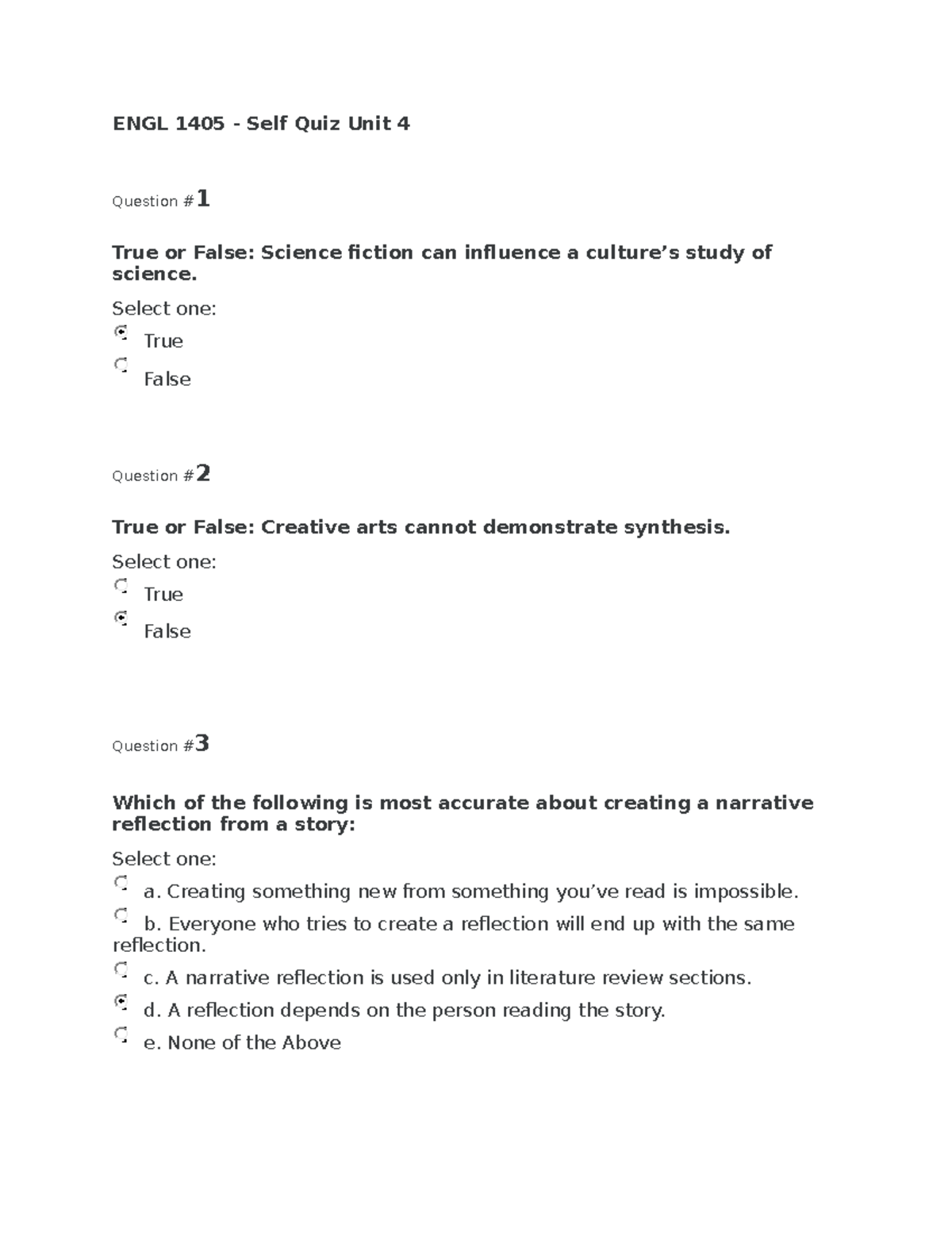 ENGL 1405 - Self Quiz Unit 4 - ENGL 1405 - Self Quiz Unit 4 Question ...