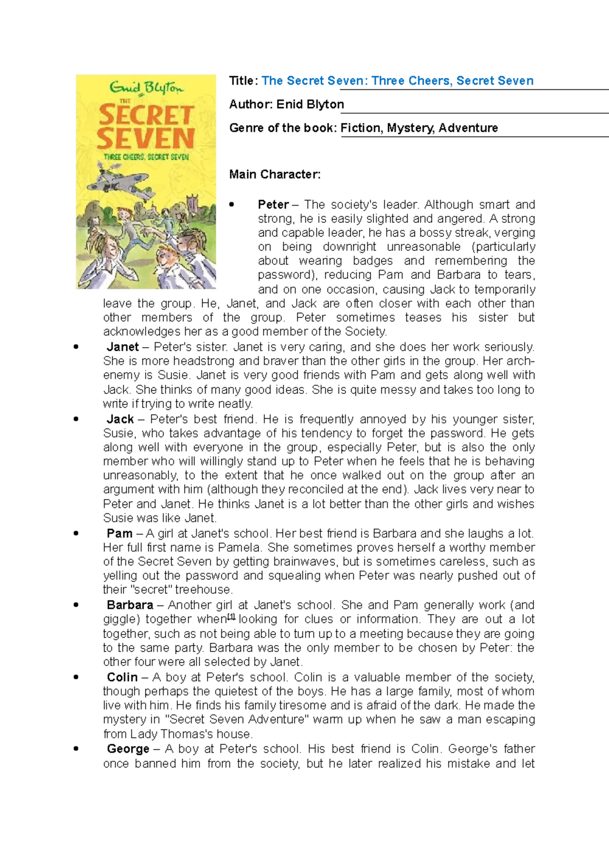 Book Review Title The Secret Seven Three Cheers, Secret Seven Author Enid Blyton Genre of