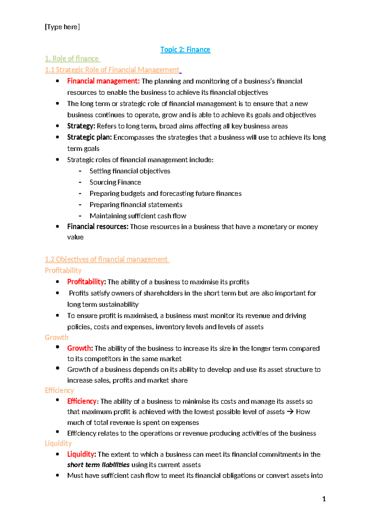Core 2 - Finance - notes - Topic 2: Finance Role of finance 1 Strategic ...