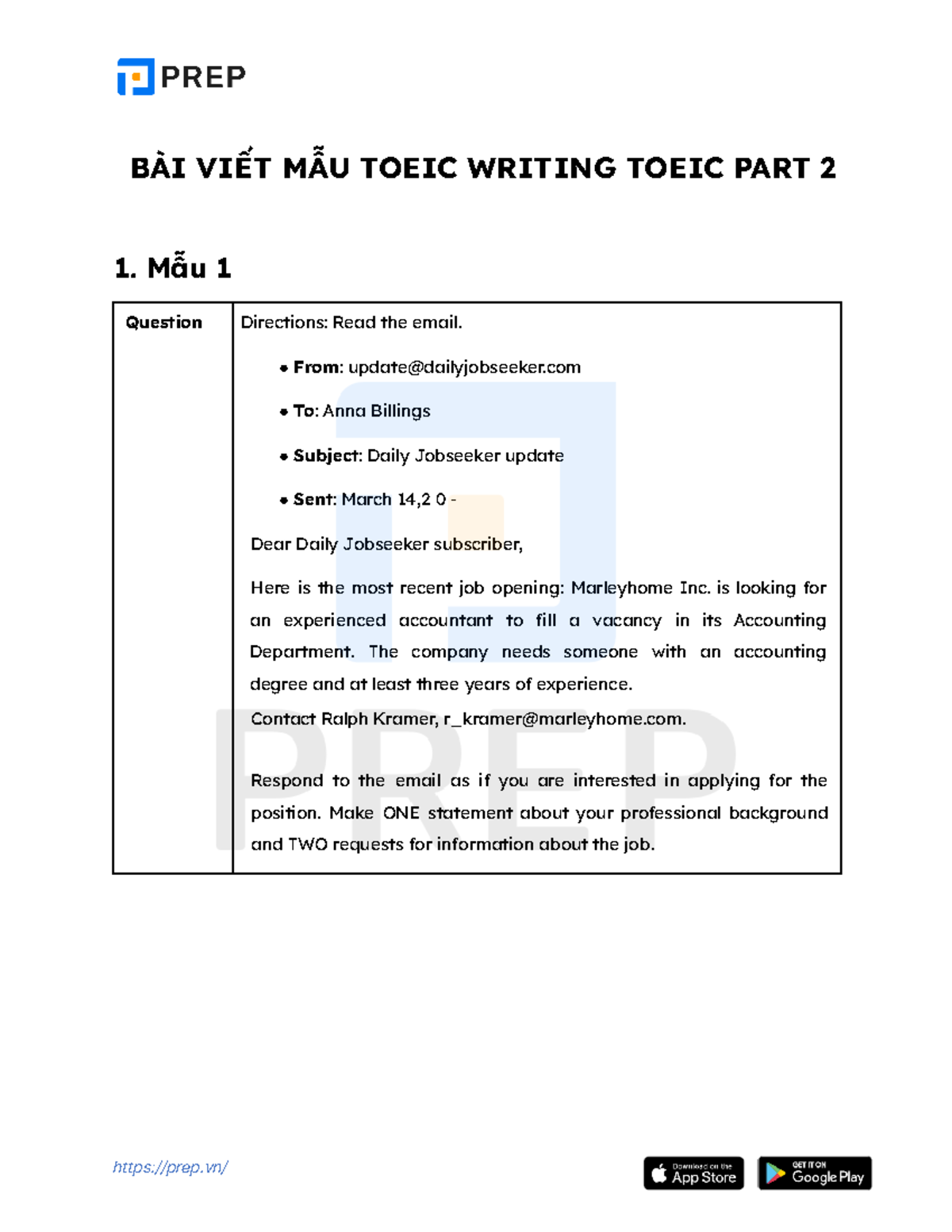PREP sưu tầm Bài mẫu Writing Toeic Email BÀI VIẾT MẪU TOEIC WRITING
