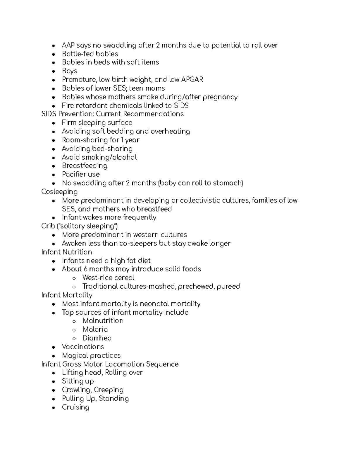 Study guide for Exam 1 page 15 AAP says no swaddling after 2 months