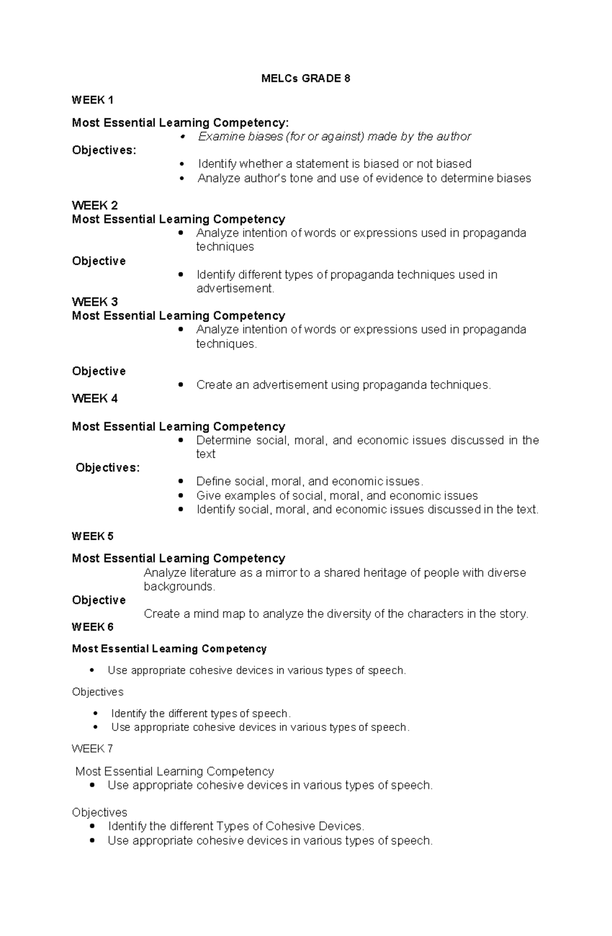 MELC Grade 8 - guide for teachers - MELCs GRADE 8 WEEK 1 Most Essential ...