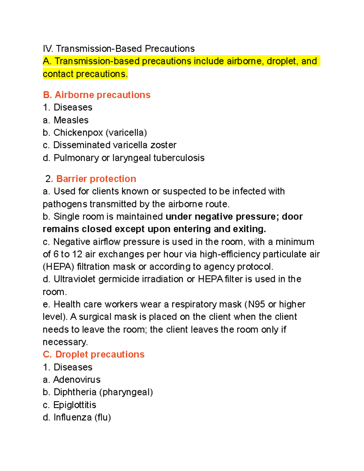 Infection Control - IV. Transmission-Based Precautions A. Transmission ...