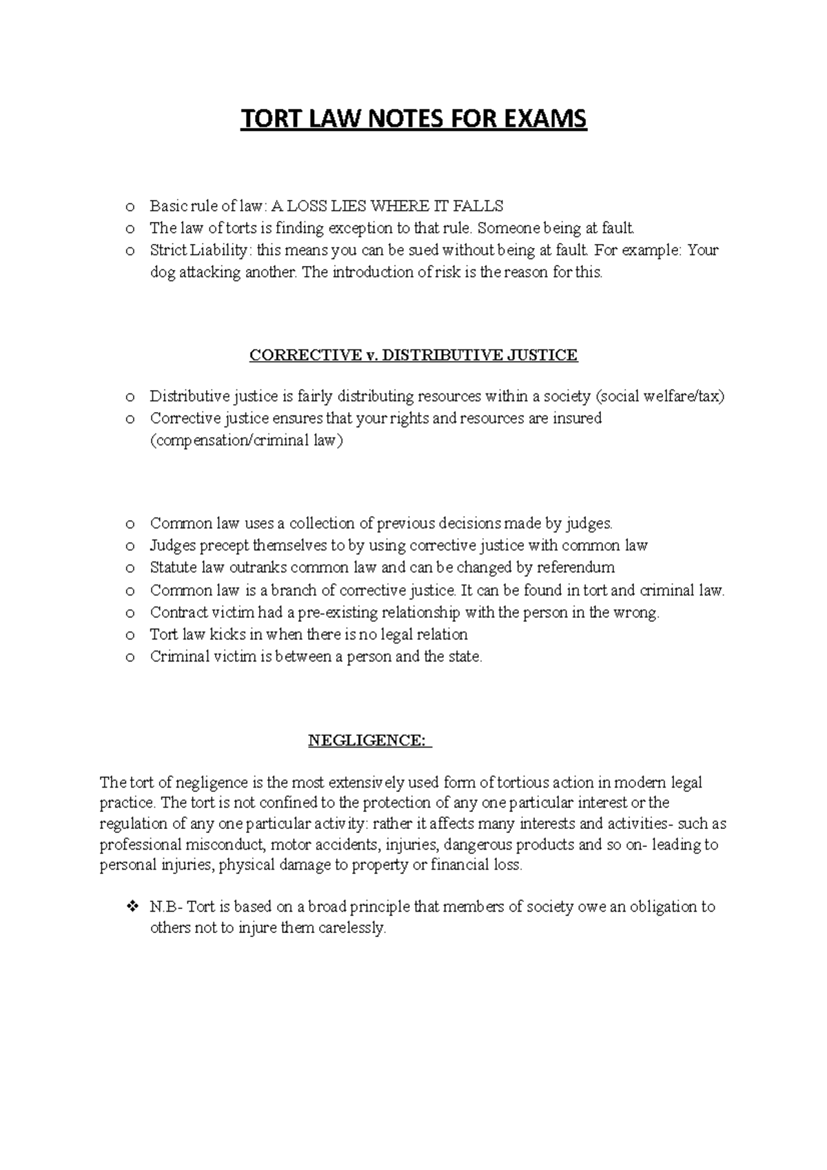 TORT LAW Notes FOR Exams - TORT LAW NOTES FOR EXAMS o Basic rule of law ...